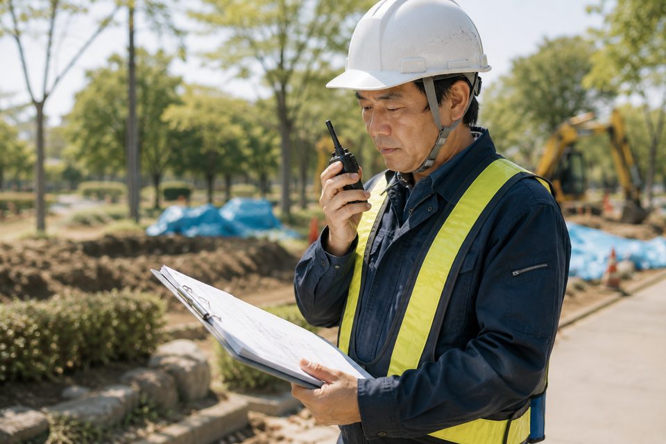 現場で図面を手に、無線機で連絡をとる現場代理人