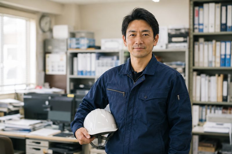 事務所で書類棚を背に、ヘルメットを手に持つスタッフ