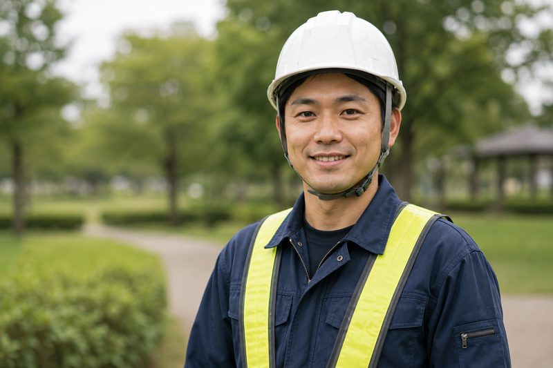 整備された公園を背に立つ、ヘルメット姿のスタッフ