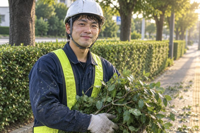 剪定した枝を抱えて街路樹の前に立つスタッフ