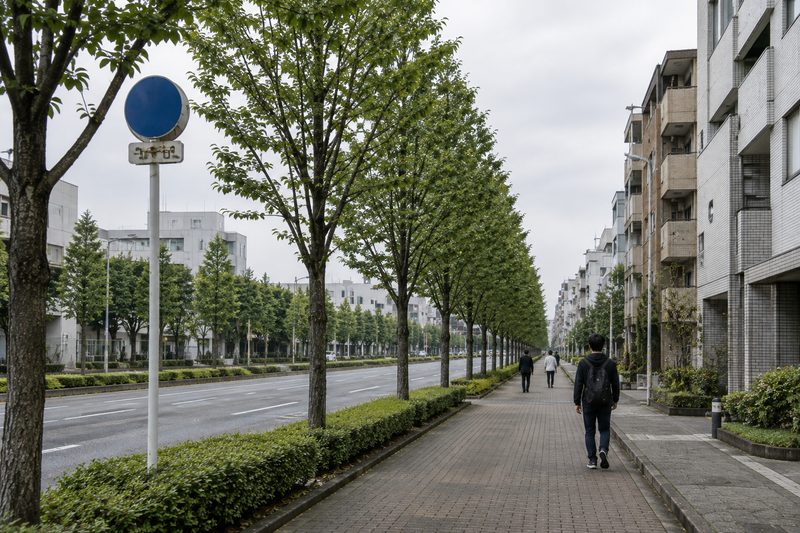 舗装と植込みが整えられた歩道と、車道沿いの街路樹