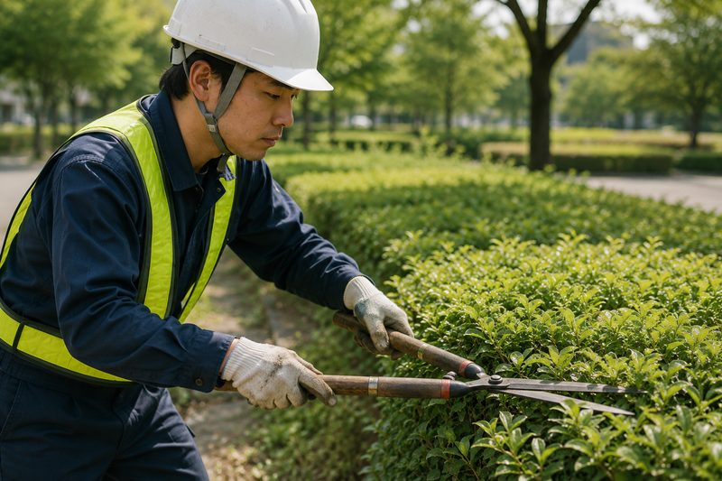 伸びた植込みを刈り込んで整える除草作業の様子